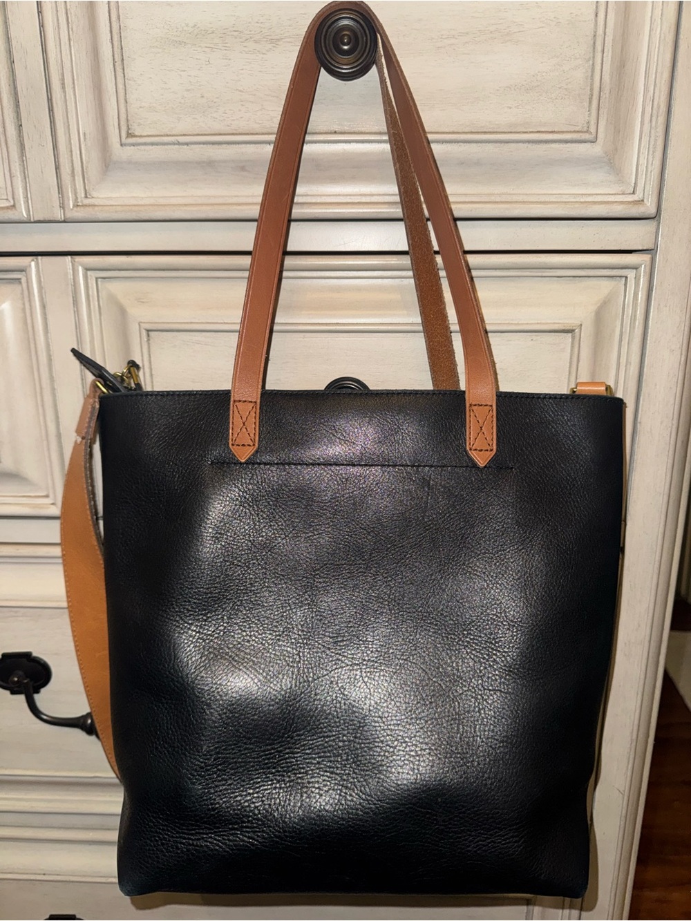 Madewell Black Leather Tote with Tan Handles